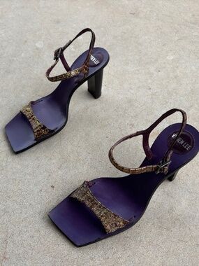 VIVIEN LEE Metallic Snakeskin Leather Open Toe Heeled Mule Sandal 37 VICINI